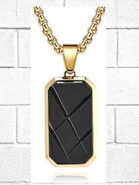 NWT! Stainless Steel Dog Tag Style Pendant Necklace with Gold-Tone Finish
